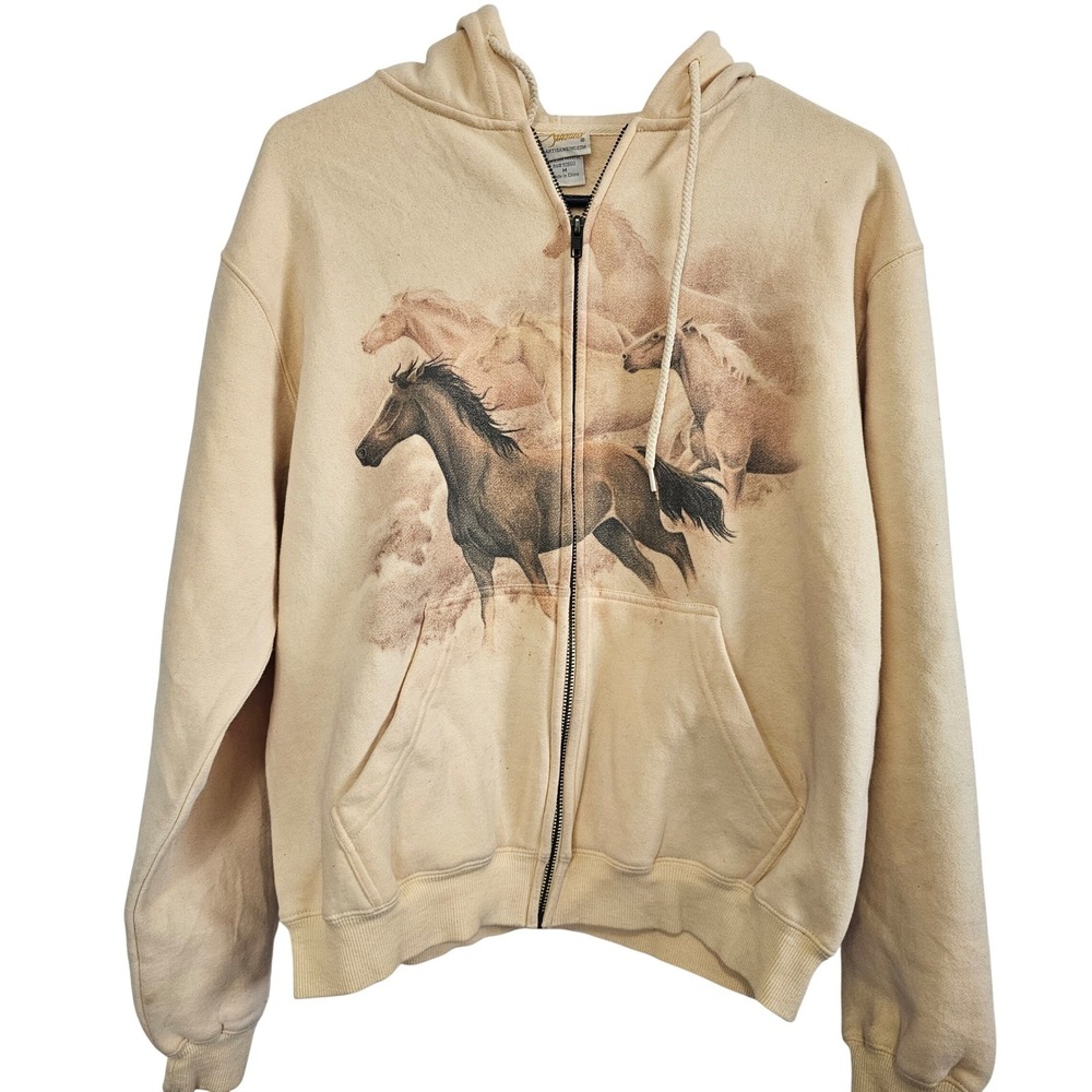 Artisans Wild Horse Graphic Full Zip Hoodie Tan Beige Mens Medium Equestrian